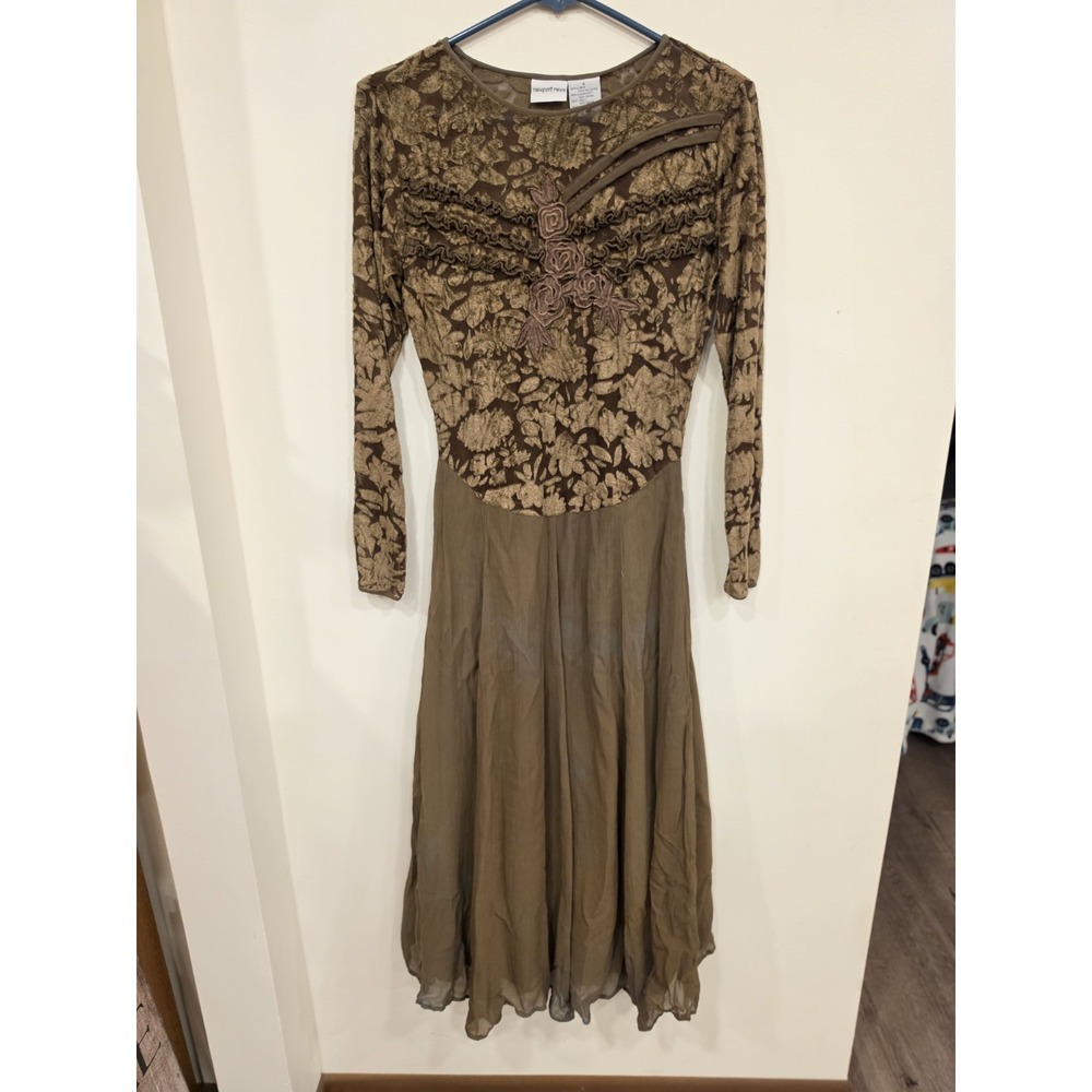 Vintage Brown Floral Flocked Mesh Maxi Dress Womens Sz 6 90s Witchy Boho Goth